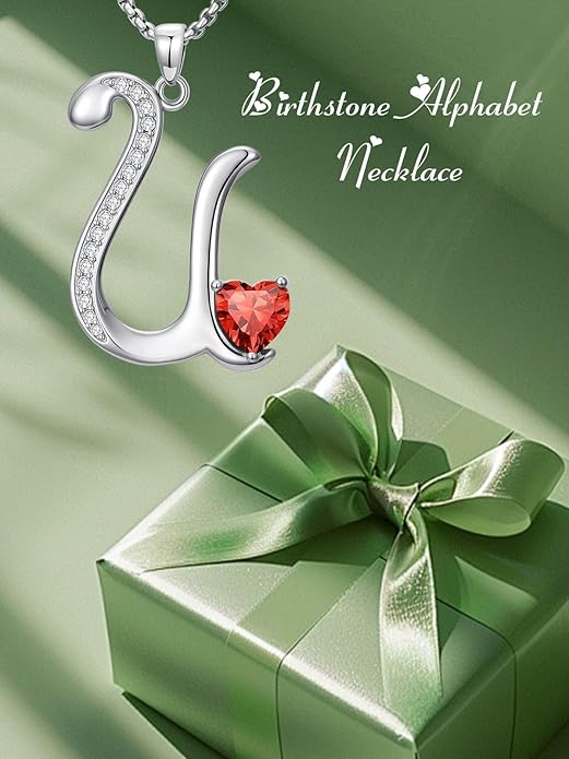 Valentines Day Gifts for Women Alphabet A to Z Initial Birthstone Pendant Necklaces for Women - 18k White Gold Plated Personalized Name Jewelry Valentine Mothers Day Birthday Gifts for Women Her Girlfriend