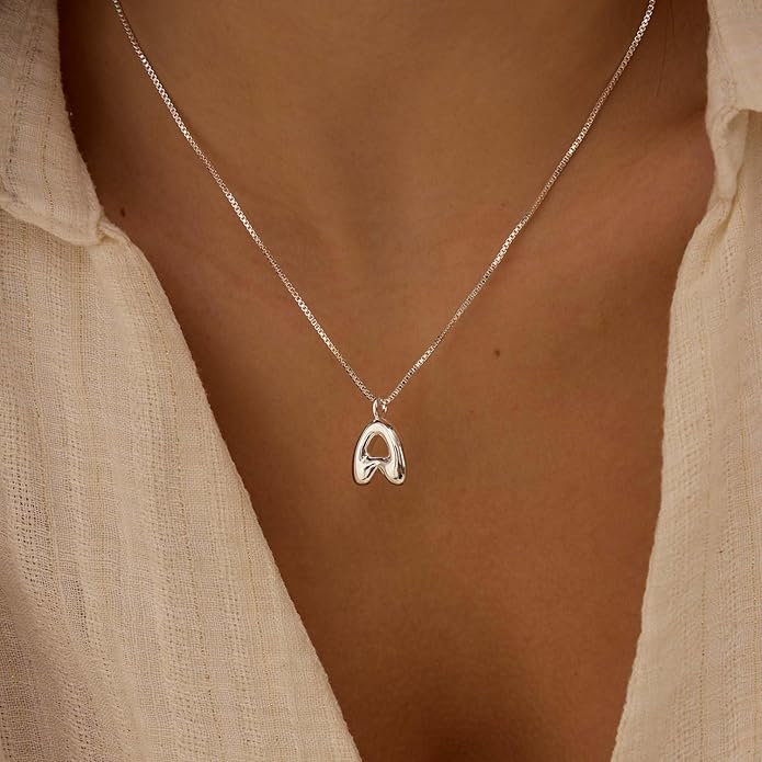 Bubble Gold Silver Letter Necklace Initial Necklaces for Women Trendy 14K Dainty Charm Pendant Name Necklace Personalized Jewelry Gift for Women Teen