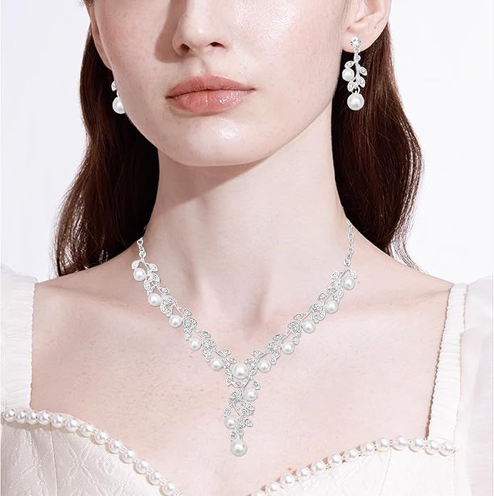 CSY Elegant Bridal Necklace Earrings Bracelets Leaves Shape Wedding Prom Dress Accessories Rhinestones Jewelry Sets for Bride Bridesmaid