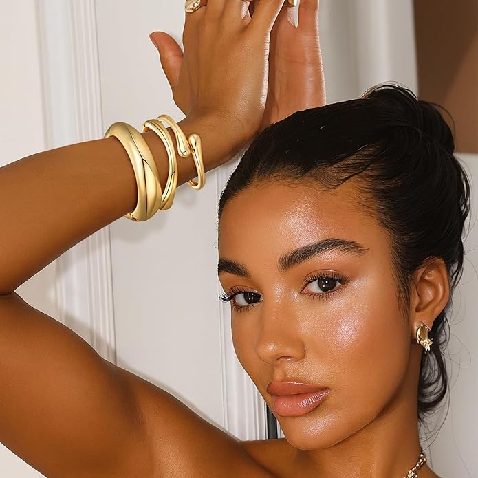 Chunky Gold Bangle Bracelets for Women Trendy 14K Gold Plated Cuff Bracelets Stack, Dainty Bracelet Sets Fashion Jewelry Gift