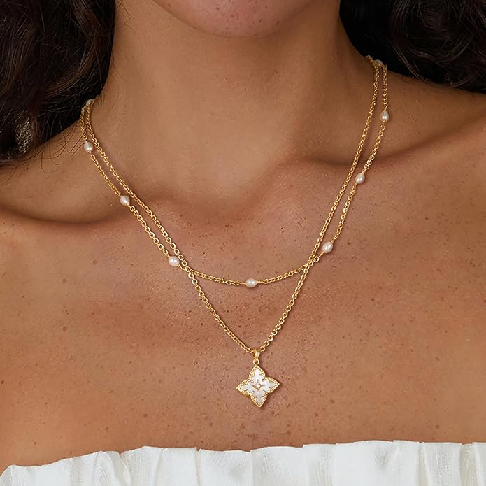 Fettero Gold Clover Necklace for Women Dainty 14K Gold Plated CZ Pendant Necklace Adjustable Chain Choker Charm Colorful Clover Pendant Lucky Necklaces for Women Jewelry