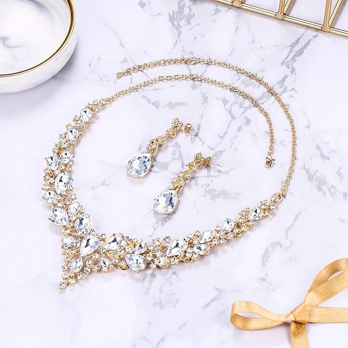 BriLove Women's Wedding Bridal Austrian Crystal Teardrop Cluster Statement Necklace Dangle Earrings Jewelry Set