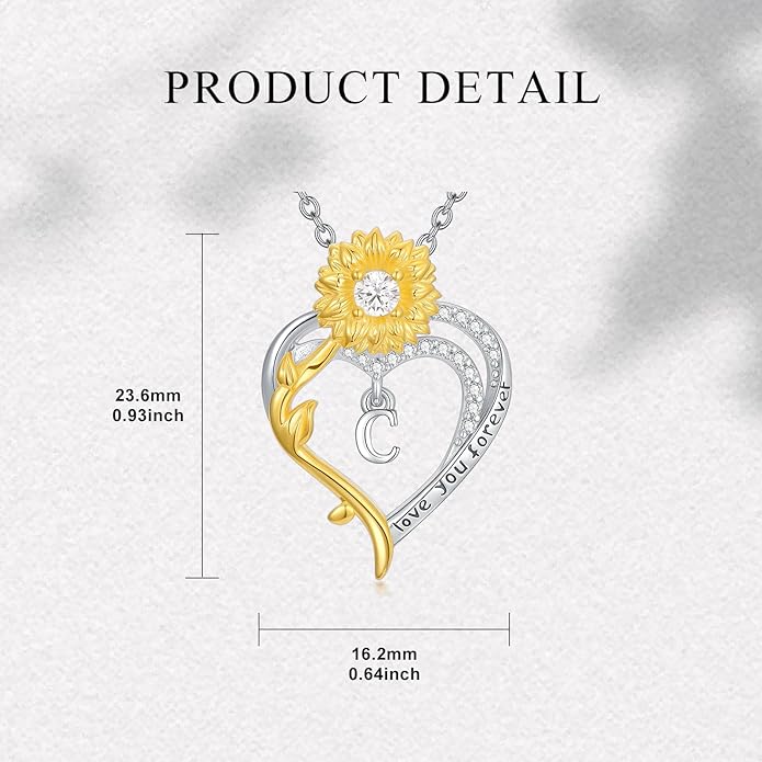 Initial Necklace 925 Sterling Silver Sunflower Heart Letter Pendant Alphabet Anniversary Birthday Jewelry Gifts for Women Mom Girlfriend Wife Her