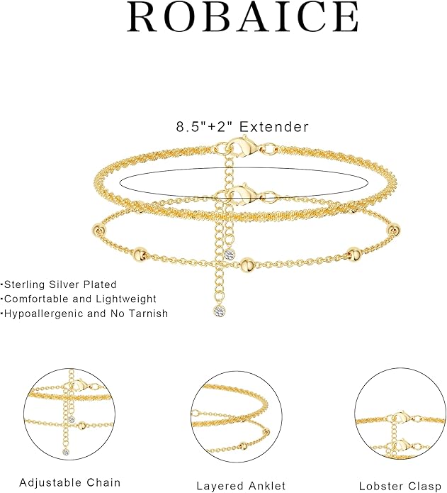 Ankle Bracelets for Women, Glitter Waterproof Adjustable Anklet for Women, 14K Gold Plated/Sterling Silver Layered Anklets, Summer Beach Anklet Jewelry for Women Gift