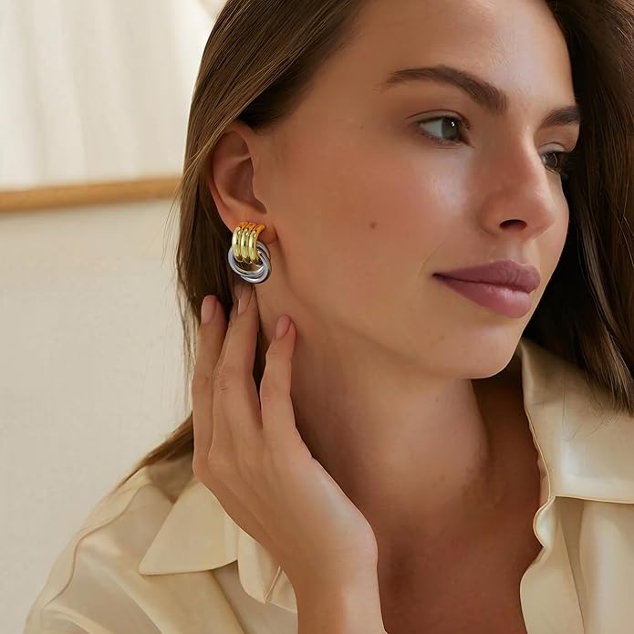 Chunky Gold Knot Earrings for Women, Gold Silver Statement Geometric Drop Dangle Long Link Earrings Trendy Dupes Jewelry