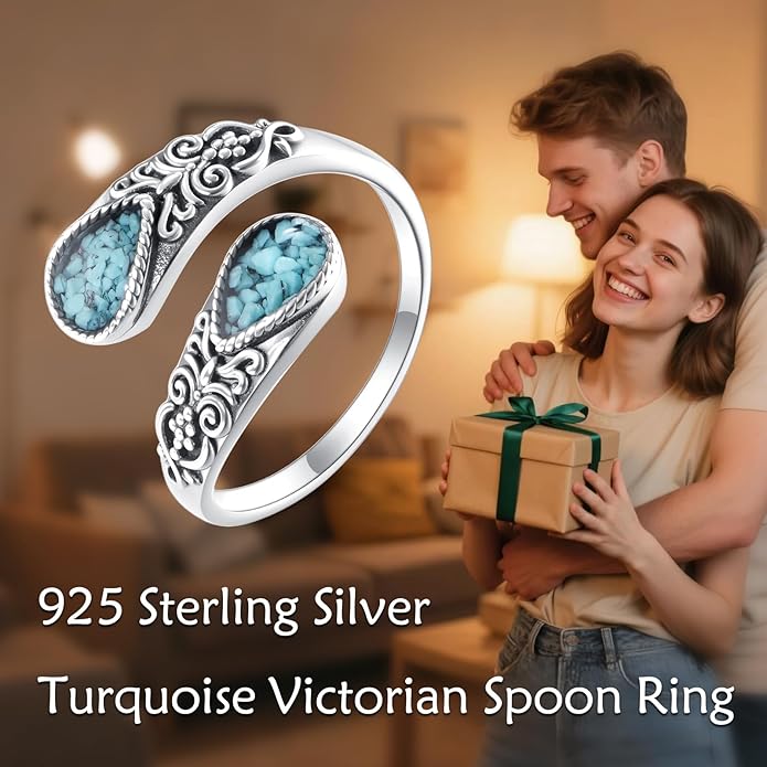 Hummingbird/Dragonfly Turquoise Ring 925 Sterling Silver Floral Spoon Rings Vintage Thumb Band Oxidized Wrap Adjustable Bands Jewelry Gifts for Women Wife Mother Christmas Birthday