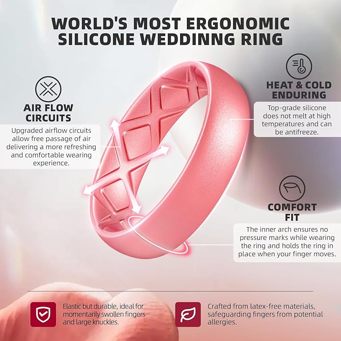 Egnaro Women's Bridal Rings Sets, Inner Arc Ergonomic Breathable Design Silicone Rubber Wedding Bands