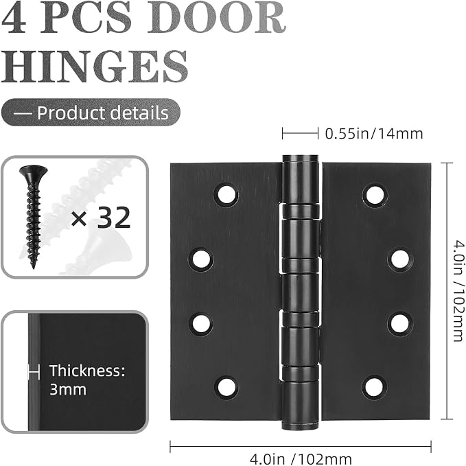 4 Pack Stainless Steel Black Door Hinges, Heavy Duty Door Hardware, 4 x 4 Inch - Image 2