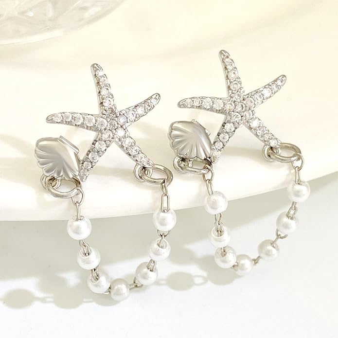 Seashell Starfish Earrings Beach Jewelry for Women Pearl Drop Shell Earrings Ocean Beachy Fashion Accessories Womens Summer Outfits 2026 Tropical Vacation Outfits Beach Vacation Clothes Dresses