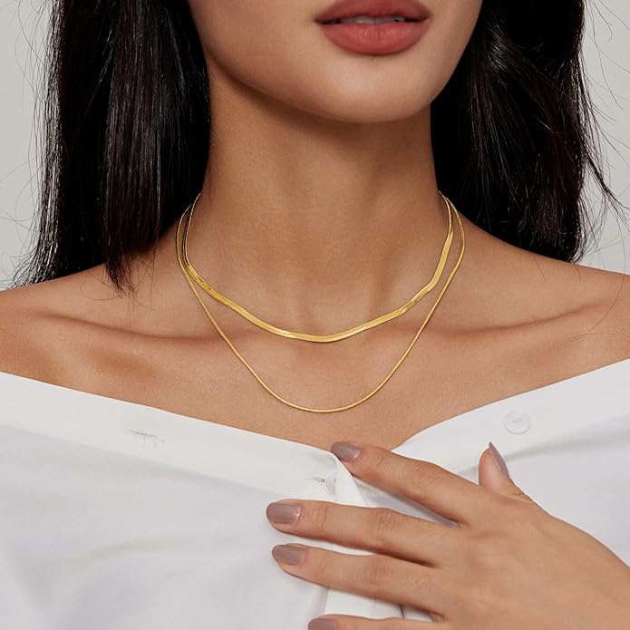 Necklaces for Women,Gold Plated Herringbone Layering Choker Necklace for Women Non Tarnish Stack Waterproof Jewelry Gift