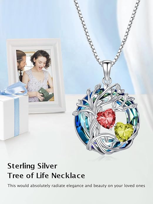 TOUPOP s925 Sterling Silver Family Celtic Tree of Life Pendant Necklaces with 2 Heart Birthstone with Blue Austrian Crystal Jewelry Birthday Valentines Day Gifts for Her, Anniversary Christmas Gifts for Wife Girlfriend Mom (18K Real White Gold Filled)