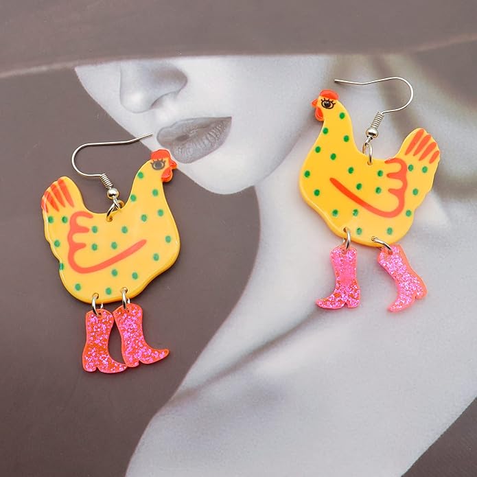 Acrylic Boot Big Chicken Earrings,Funny Colorful Boots Chicken Drop Dangle Earrings,Cock Hen Foot Chicken Earrings for Women Farm Design Lovely Gift