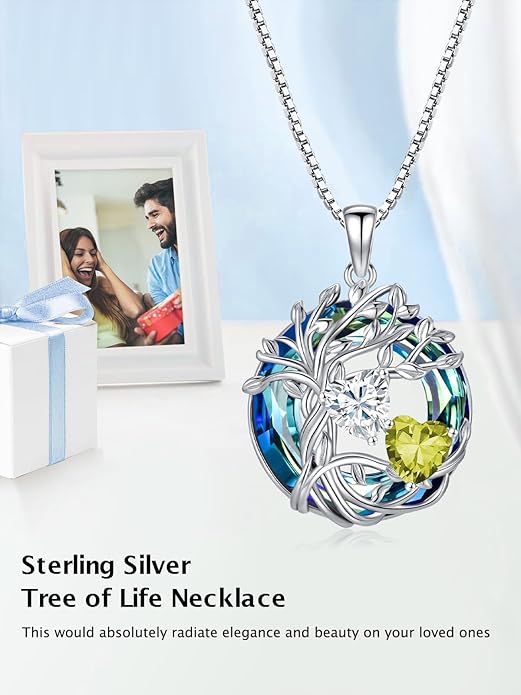 TOUPOP s925 Sterling Silver Family Celtic Tree of Life Pendant Necklaces with 2 Heart Birthstone with Blue Austrian Crystal Jewelry Birthday Valentines Day Gifts for Her, Anniversary Christmas Gifts for Wife Girlfriend Mom (18K Real White Gold Filled)