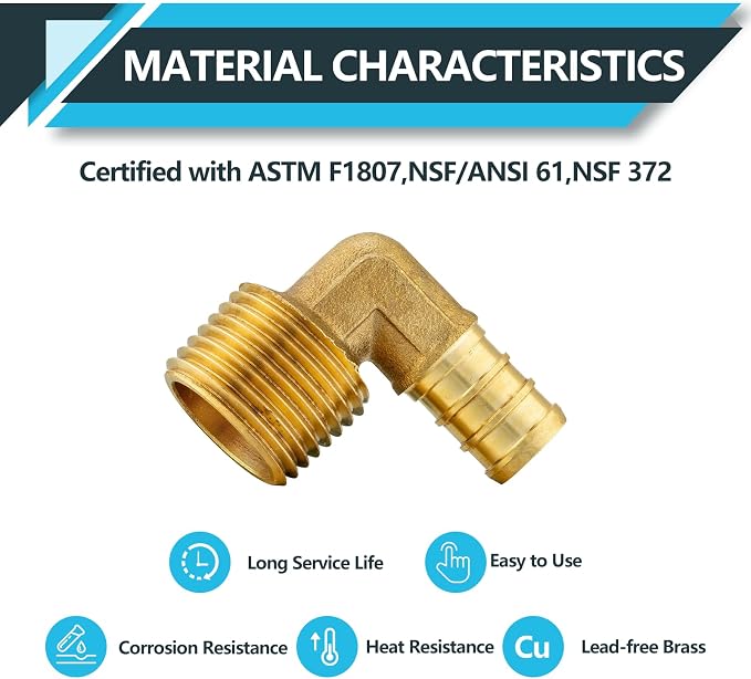 5Pack Seelink PEX Fittings, Pex 1/2" x 3/4" Male Threaded NPT Elbow | Brass - Image 3