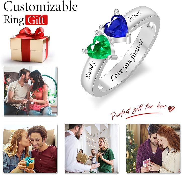 Personalized Heart Birthstone Rings for Women with 2 Birthstones Custom Name Rings for Couple Mother Daughter Jewelry Gift for Mother Her Christmas