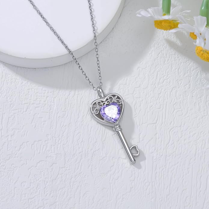 WSX Heart Key Birthstone Necklace for Women 925 Sterling Silver Love Key Pendant with Birthstone Valentine's Day Anniversary Jewelry Gift for Her