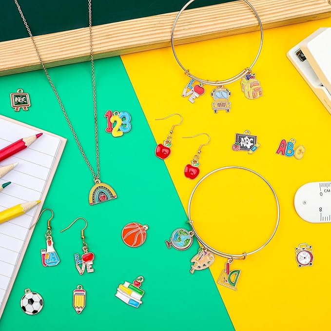 MARFOREVER Back to School Charms, 40Pcs/20 Pairs Teacher Charms for Jewelry Making, First Day of School Enamel Pencil Book Blackboard Pendants for Bracelet Necklace Earrings