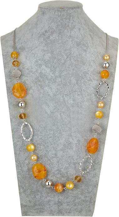 BULINLIN Beaded Long Necklace for Women Silver Sweater Chain Necklace with Crystal Resin Beads, Fashion Jewelry Necklace
