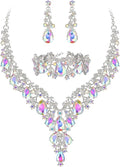 BriLove Women's Wedding Bridal Austrian Crystal Teardrop Flower Cluster Statement Necklace Dangle Earrings Jewelry Set for Party Prom