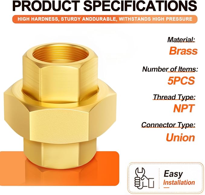 GASHER 5PCS 3/8" FNPT Brass Union Pipe Fitting | 3/8 Inch Female x 3/8 Inch - Image 2