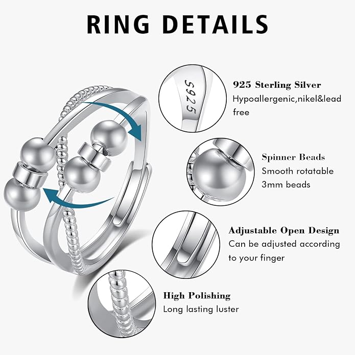 Vito 925 Sterling Silver Fidget Anxiety Ring for Women, Adjustable Open Spinner Ring Stress Relief Ring Stacking Band Anillos Jewelry Gift for Mom Daughter