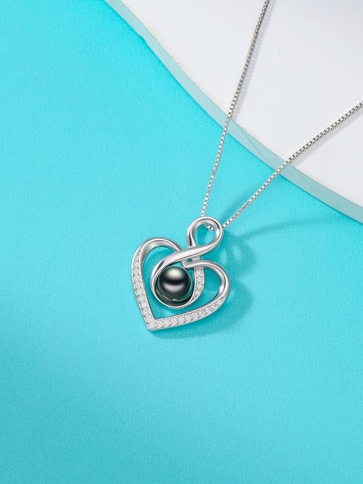Tahitian Black Pearl AAAA 18K White Gold Plated Sterling Silver Heart Pendant Necklace for Women Wife Mom Girlfriend Valentine Her Jewelry Gift for Anniversary Birthday Christmas