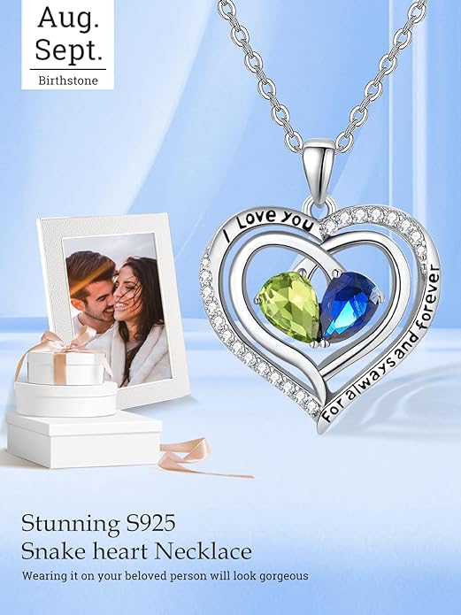 Valentine's Day Gifts for Wife 925 Sterling Silver Double Birthstone Pendant Necklaces I Love You for Always and Forever Necklace Anniversary Birthday Gifts for Wife Girlfriend Mom Her