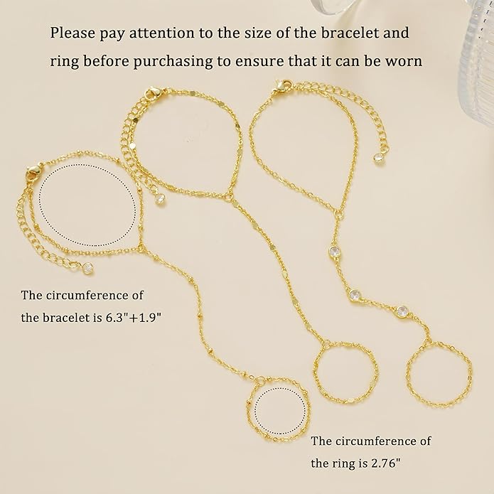 3PCS 14K Gold-Plated Hand Chain Bracelets for Women, Stack Bracelets Set Adjustable, Trendy Dainty Ring Bracelet Hand Chain