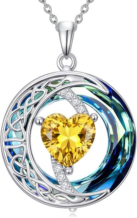 Valentines Day Gifts for Women, Birthstone Necklace for Women, Celtic Moon Pendant Blue Crystal Necklace Heart Jewelry Anniversary Jewelry Gift for Daughter Wife Mother Sister