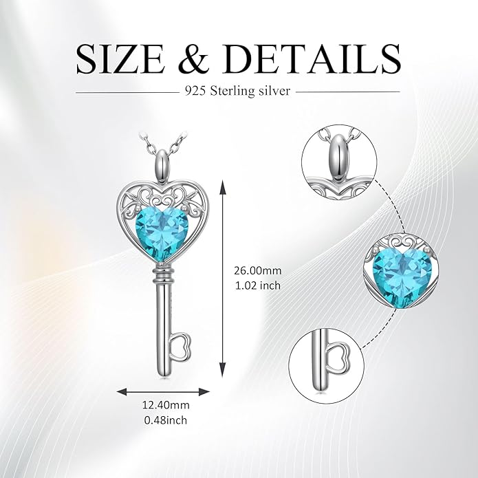WSX Heart Key Birthstone Necklace for Women 925 Sterling Silver Love Key Pendant with Birthstone Valentine's Day Anniversary Jewelry Gift for Her