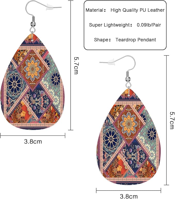 Exotic Ethnic Flowers Leather Teardrop Earrings For Women Traditional Folk Ornament Flowers Western Earrings For Friends Gift Drop Dangle Earrings