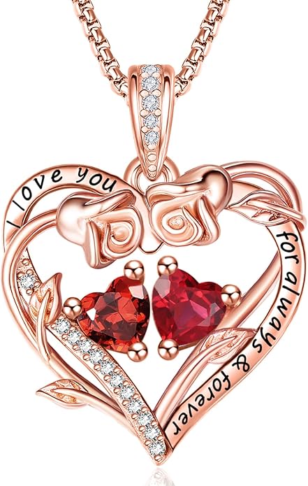 Rose Heart Necklaces for Women, Rose Gold Forever Love Jewelry with 2 Birthstones Pendant,Valentines Anniversarry Birthday Gifts for Her Wife Mom Grandma Daughter, 18+2 Inch Chain