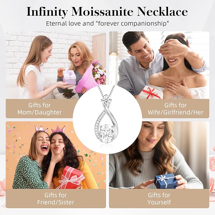 1.5CT Moissanite Infinity Pendant Necklace in Gift Box|Anniversary Wedding Gifts for Women Wife Her|S925 Sterling Silver 18K White Gold/Gold Filled|Jewelry for Birthday Christmas Valentines Day