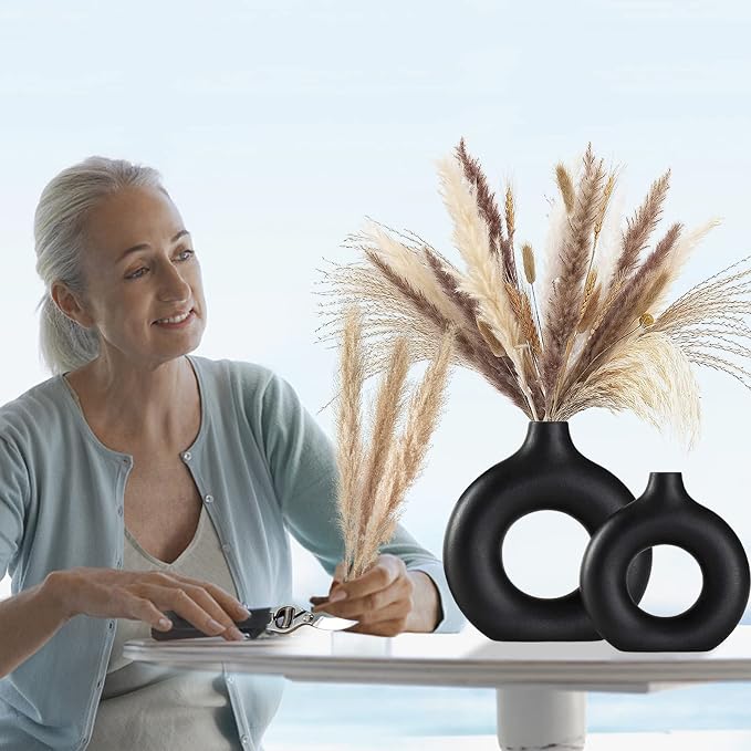 Black Ceramic Vase for Modern Home Decor, Round Matte Pampas Flower Vases - Image 2