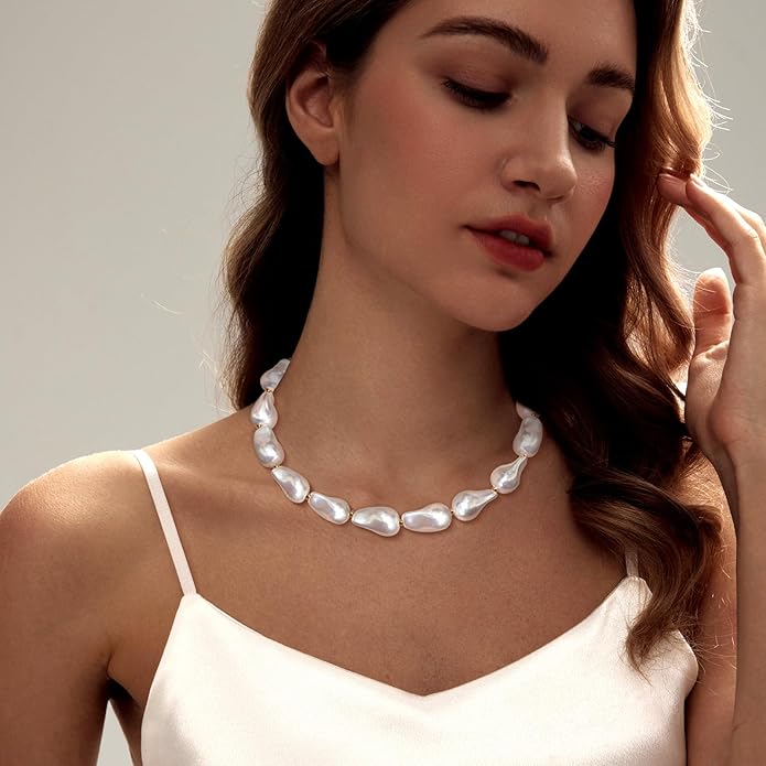 Zeffy 14K Gold/Silver Plated Chunky Thick Chain Toggle Clasp Necklace Dainty Baroque Pearl/Heart/Cross/Turquoise Pendant Necklace