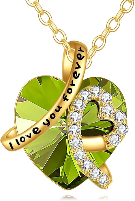 KECHO 14K Real Gold I Love You Forever Necklace Solid Yellow Gold Heart Birthstone Crystal Pendant Jewelry Birthday Mother's Day Anniversary Christmas Gifts for Women