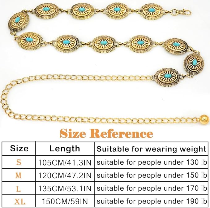 Women's Concho Chain Belt Western Cowgirl Metal Waist Chain Belt for Dress