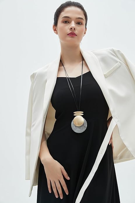 GelConnie Leather Necklace for Women Large Pendant Long Brown Necklace Circle Leather Choker Vintage Sweater Necklace Gold Chunky Boho Necklaces for Women