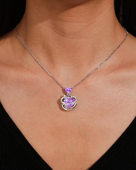 FANCIME Thornless Pulse Heart Birthstone Necklace for Women Sterling Silver Rose Pendant Fine Jewelry Gemstone Birthday Valentines Day Gifts for Wife Her
