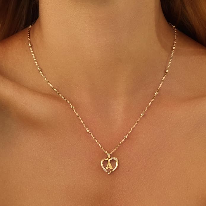 Cicy Bell Womens Heart Initial Necklace for Women 18k Gold Plated Shell Personalized Letter Pendant Necklace 17.7'' with 2'' Extender