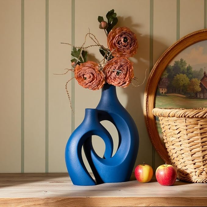Snuggle Hollow Ceramic Vase Set of 2, 11 inch Modern Nordic Coastal Shaped - Image 2