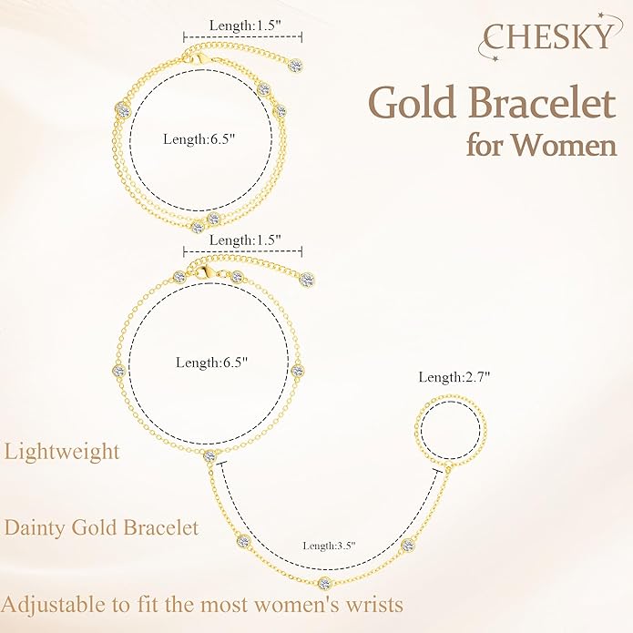 CHESKY 14K Gold Plated Hand Chain Bracelets for Women Set - Dainty Finger Ring Bracelet Stack Adjustable Hand Chains Durable Beaded Bracelets Trendy Simple Body Jewelry Gift for Women
