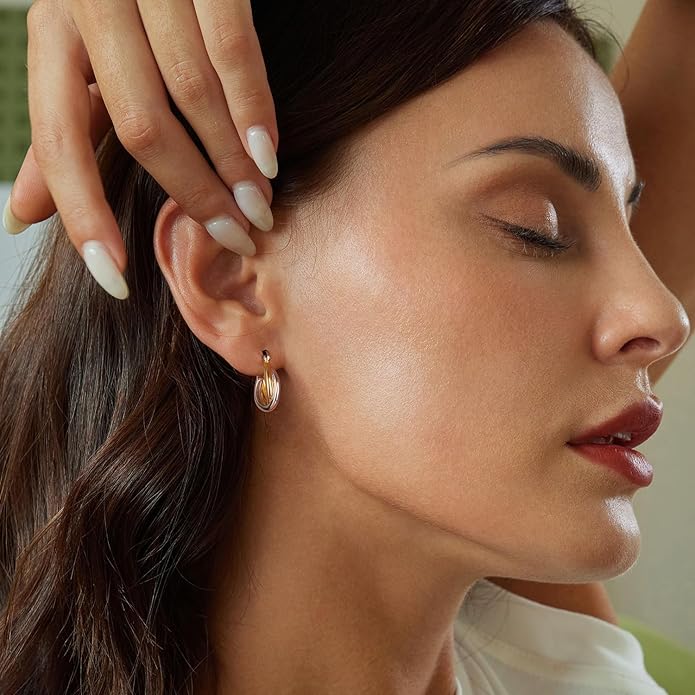 WOSTU 14K Gold Plated Two-Tone Oval Hoop Earrings for Women, Water Drop Design Lightweight Huggie Earrings,925 Sterling Silver Posts Double Drop Chunky Hoops Hypoallergenic Ear Buckles