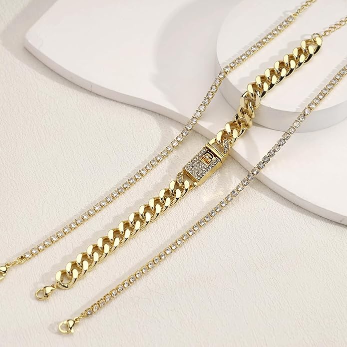 14K Gold Anklets for Women Waterproof Rhinestone Ankle Bracelet Layered Cuban Link Chain Diamond Anklet Beach Jewelry for Women