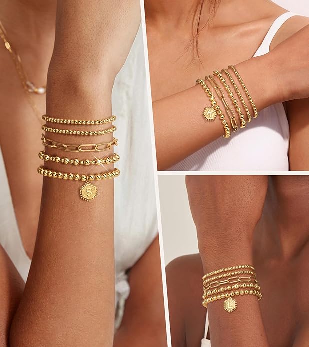 adoyi Valentines Day Gifts for Her Gold Bracelets for Women Waterproof, 14K Gold Plated Beaded Strand Bead Ball Bracelets stack Adjustable Jewelry Set for Gifts