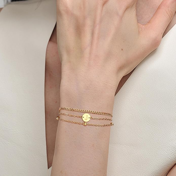 Valentines Day Gifts - A to Z Layered Initial Bracelets for Women - 18K Gold Plated on Stainless Steel Letter Charm Bracelet - Gold Jewelry Gifts for Birthday Christmas