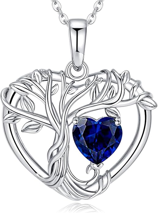 Tree of Life Necklaces for Women 925 Sterling Silver Heart Pendant Birthstone Necklace Created Gemstone Jewelry for Her, 18"+2"