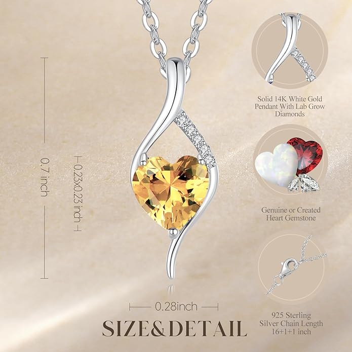 FANCIME 14K Solid White Gold Birthstone Necklace Genuine or Created 6mm Heart Gemstone Pendant with Lab Grow Diamonds Sterling Silver Chain Fine Jewelry Anniversary Birthday Gifts for Women 16" + 2"