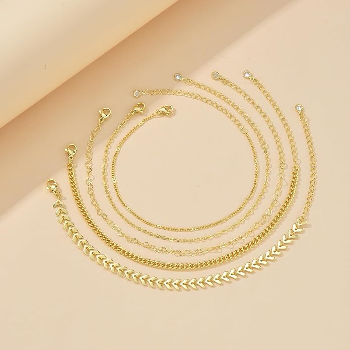 iF YOU Gold Ankle Bracelets for Women, 14k Gold Plated Waterproof Cuban Pearl Snake Chain Anklets Set, Gold Anklets for Women Beach Gift Adjustable Size