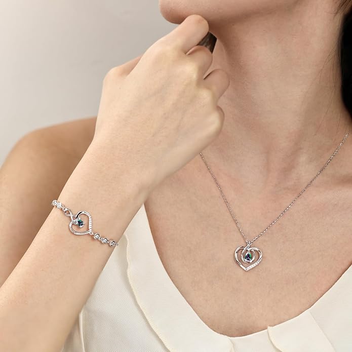 AGVANA Valentines Day Gifts Heart Birthstone Necklace for Women Sterling Silver Genuine or Created Gemstone Forever Love Pendant Necklace Fine Jewelry Anniversary Birthday Gifts for Women Mom Wife